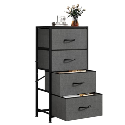 チェスト タンス 収納チェスト スチールフレーム 布製引き出し 木製天板 ランドリーチェスト サイド リビング収納 スリム 洋服 衣類小物収納 組立簡単 大容量 4段 ブラック