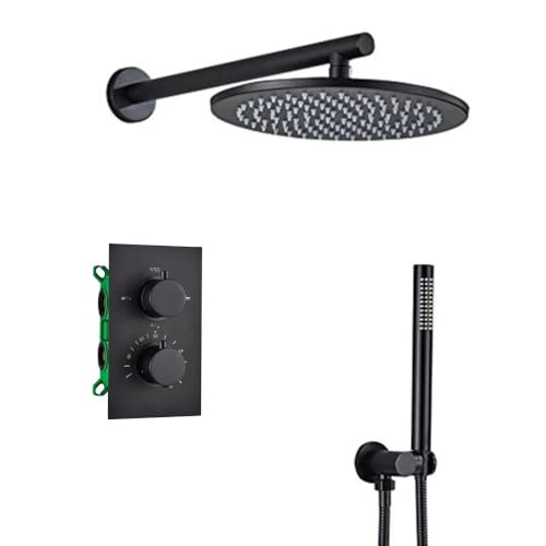 バスルーム用シャワーセット マットブラック 16インチ レインフォールシャワー蛇口セット サーモスタットシャワーミキサーバルブ 埋め込みボックス付き バスルーム用真鍮シャワーミキサータップ ラウンド16インチ、ラウンド16インチ