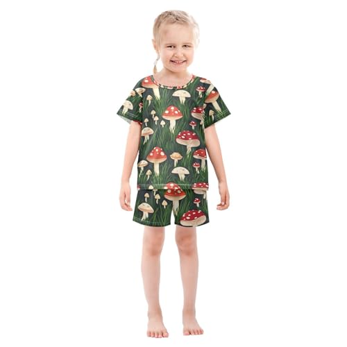 ALAZA Red Mushroom Leaf Pajamas Set Short Sleeve Cotton Sleepwear Summer Pjs 2 Piece 5-14Y3
