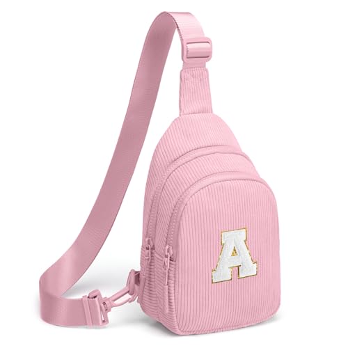 Small Corduroy Sling Bag Initial Crossbody Bag Fanny Pack for Girls Personalized Birthday Gifts for Teen Girls Gifts Pink A