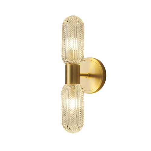 Modern Brass d Wall Sconce, 2-Light Vertical Fixture, Textured Capsule