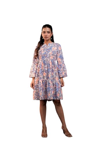 Image of Juniper Women's Blue & Orange Floral Cotton Short Dress