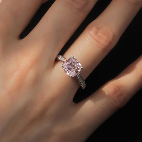 DoubleAccent Platinum Plated Sterling Silver Ring 2 CT Cushion Cut Light Pink CZ Stone Pave Band Wedding Engagement Ring (Size 5 to 9)3