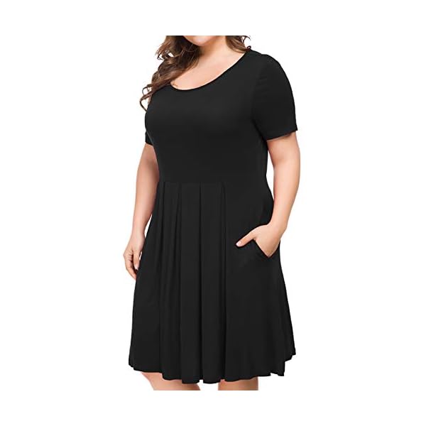 Tralilbee-Womens-Plus-Size-Short-Sleeve-Dress-Casual-Pleated-Swing-Dresses-with-Pockets Tralilbee Women's Plus Size Short Sleeve Pleated Loose Swing Casual Dress with Pockets Knee Length Black 2XL