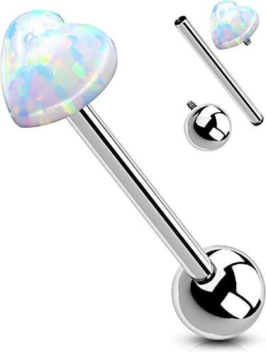 OUFER Titanium Tongue Rings - Heart Piercing Jewelry with White Opal