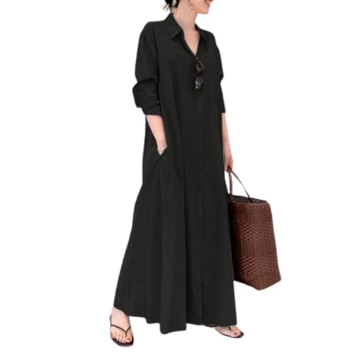 chouyatou Women's Basic Loose Fit Long Sleeve Button Up Maxi Shirt Dress with Pockets (Large, Black)