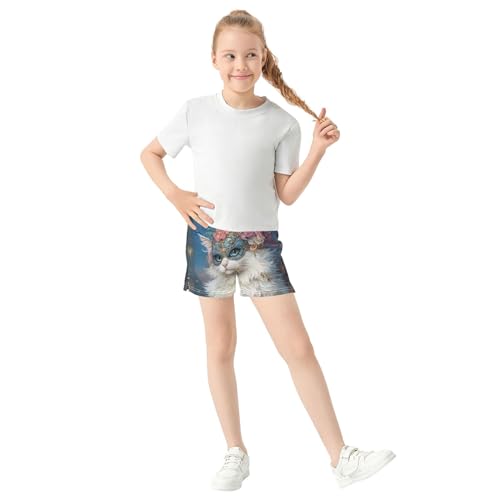Girls Shorts Cute Cat Feather Print Comfy Summer Athletic Pajama Shorts Kids Activewear Youth Trendy Clothes, X-Small2