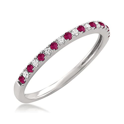 1/4 Carat Diamond, Pavé-Set 14K White Gold Round Diamond & Red Ruby Micro-Pave Bridal Wedding Band Ring (H-I, Vs2-Si1) Real Diamond Wedding Band For Women | Gift Box Included #TOP1