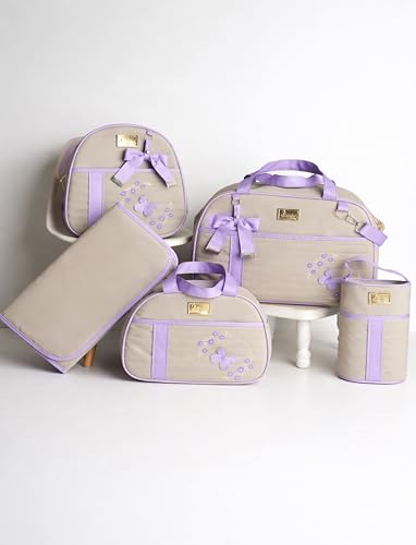 Kit Bolsa Maternidade 5 Peças Impermeável com Mochila, Trocador e Porta Mamadeira (Unissex Menino e Menina) (Bege com lilás)