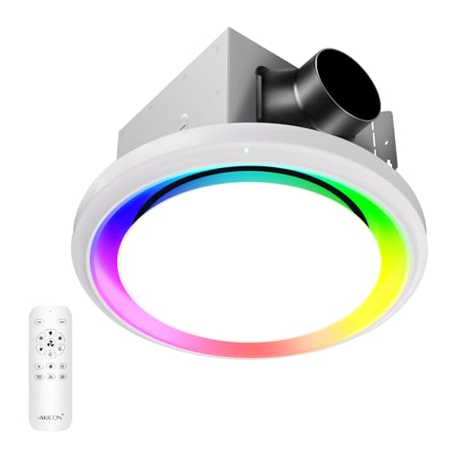 Image of Akicon Bathroom Exhaust Fan with Light & Humidity Sensor, 110 CFM 1.5 Sones Vent Fan with RGB, 3CCT Dimmable LED Light & Nightlight for Shower Room, Round, White, No Wall Switch Required