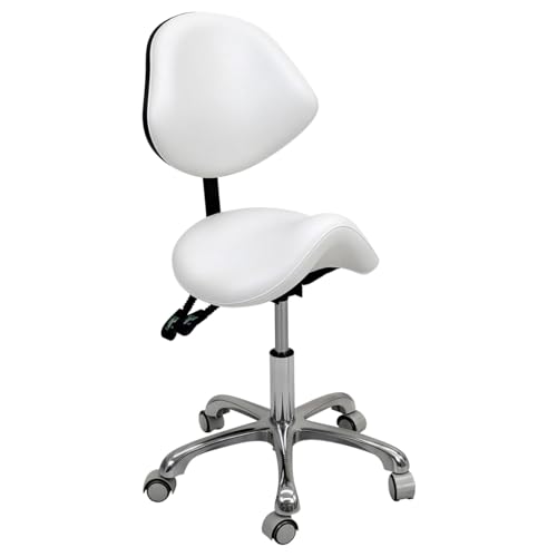 Qnoxlim Saddle Stool Rolling Chair for Medical Massage Salon Kitchen Spa Drafting Adjustable Hydraulic Stool with Wheels (White with Backrest)