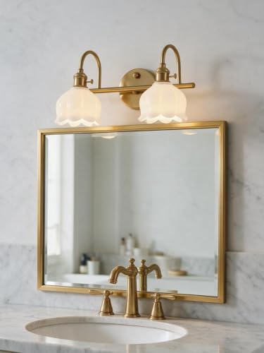 Image of Bathroom Light Fixtures, 3-Light Brass Vanity Wall Light with Amber Tulip Glass Shades, Vintage Wall Sconce Over Mirror for Bathroom, Bedroom, Living Room (Bulbs Not Included) (White, 2-Light)