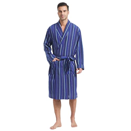 Image of FashGudim Mens Buffalo Plaid Cotton Robe Lightweight Bathrobe Shawl Collar Kimono Sleepwear Loungewear House Robes