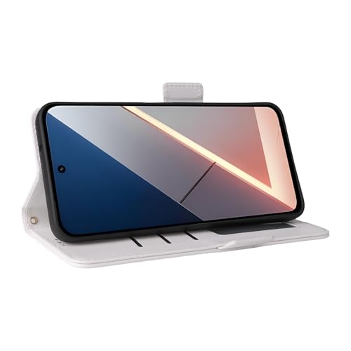Capas Compatível com Xiaomi Poco M7 Plus 5G,Caso de telefone Flip de couro com 4 fendas de cartão.Fechamento magnético.Anti-deslizamento e queda,com corda de mão-White