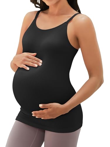 ATTRACO Ribbed Maternity Tank Tops for Women Spaghetti Strap Pregnancy Yoga Shirts Seamless M Black
