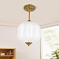 Pandaluna 9in White Milk Glass Pendant Light, Art Deco Chandelier, LED Bulb Included, Vintage Light Fixtures Antique Brass Mid Century Chandelier Ceiling Lamp for Kitchen Dining Room Hallway Bedroom