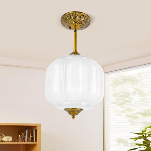 Pandaluna 9in White Milk Glass Ceiling Light, LED Bulb Included, Vintage Schoolhouse Semi Flush Mount Pendant Light Art Deco Chandelier for Kitchen Dining Room Hallway Bedroom, Antique Gold & White