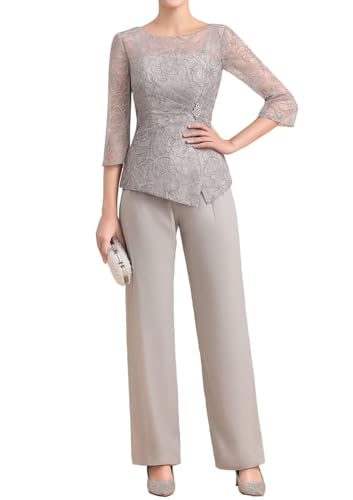 2 Pieces Mother of The Bride Groom Dresses Pant Suits for Women Dressy Wedding Guest Chiffon Lace Formal Evening Outfit4