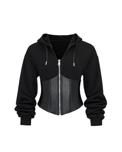 JW PEI Women's Valentina Structured Corset Hoodie Black at Amazon
