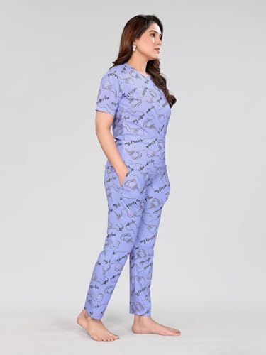 Image of VJ Fashion Women's Cotton Lycra Printed & Knitted Round Neck Night Wear Set of Top and Pazama