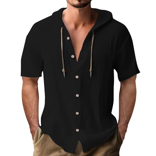 Sudadera con capucha para hombre, de lino y algodón, ligera, con bolsillo en el pecho, camisetas de playa, camisetas de verano con botones, camisas de cuello de abuelo, camisa de manga larga, camisa