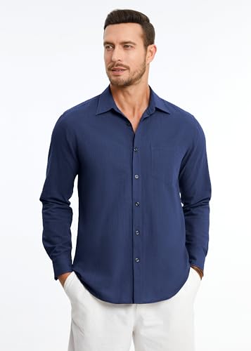 HISDERN Men's Linen Cotton Shirts Long Sleeve Lightweight Regular Fit Solid Button Casual Summer Shirt with Pocket - Image 3
