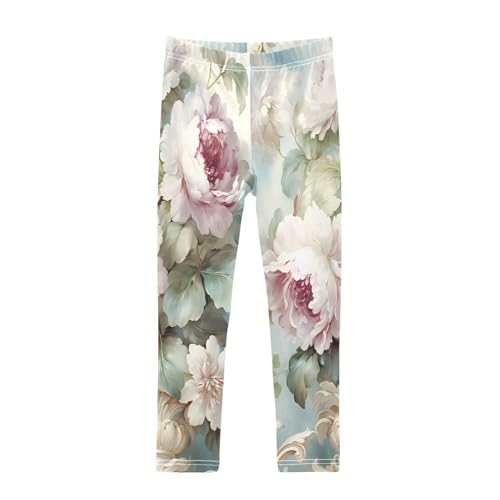 Bolaz Toddler Girls Leggings Printed Yoga Pants Leggings White Pink Peony for Kids