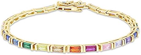 AFFY 14k White Gold Plated 925 Sterling Silver Colourful Rainbow Baguette Sparkling Multi Color Gemstone Tennis Bracelet for Women (6.5, White-Gold-Plated-Silver)