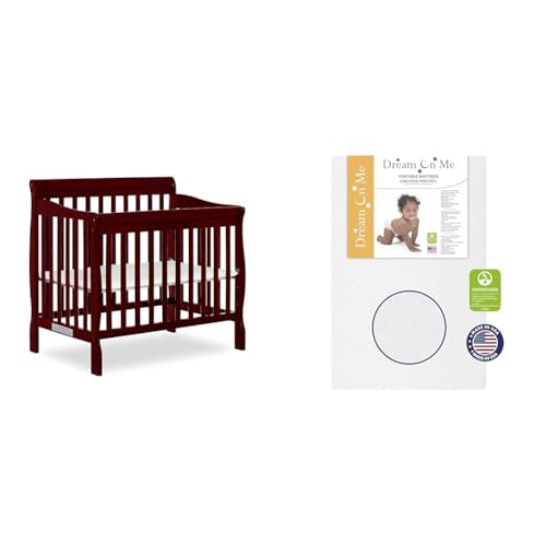 Image of Dream On Me Aden 4-in-1 Convertible Mini Crib in Cherry, Greenguard Gold Certified & Sunset 3” Extra Firm Fiber Crib Mattress, Greenguard Gold Certified