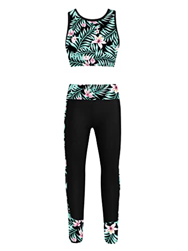 renvena Enfant Fille Ensemble de Sport Justaucorps Gymnastique Patinage Gilet de Sport + Legging de Sport Costume Vêtements de Sport Fitness Musculation 5-16 Ans Vert A 13-14 Ans Cover