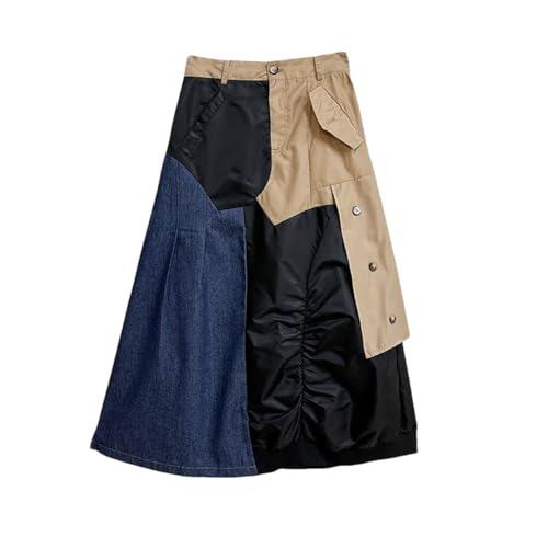 Women's Vintage Maxi Skirt Patchwork Irregular Button High-Waisted Pockets A-Line Pleats Skirts