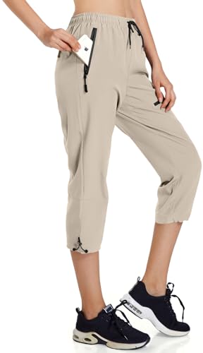 Ksmien Women's Lightweight Hiking Capri Pants Quick Dry Workout Cargo Capris Water Resistant UPF 50+ Zipped Pockets2