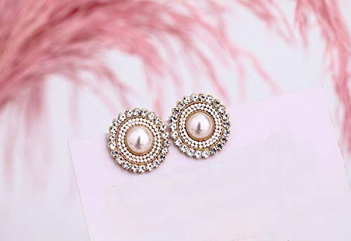 Cream Dome Big Pearl Stud Earrings, Crystals Rhinestones Art Vintage Earrings with Wedding Style3