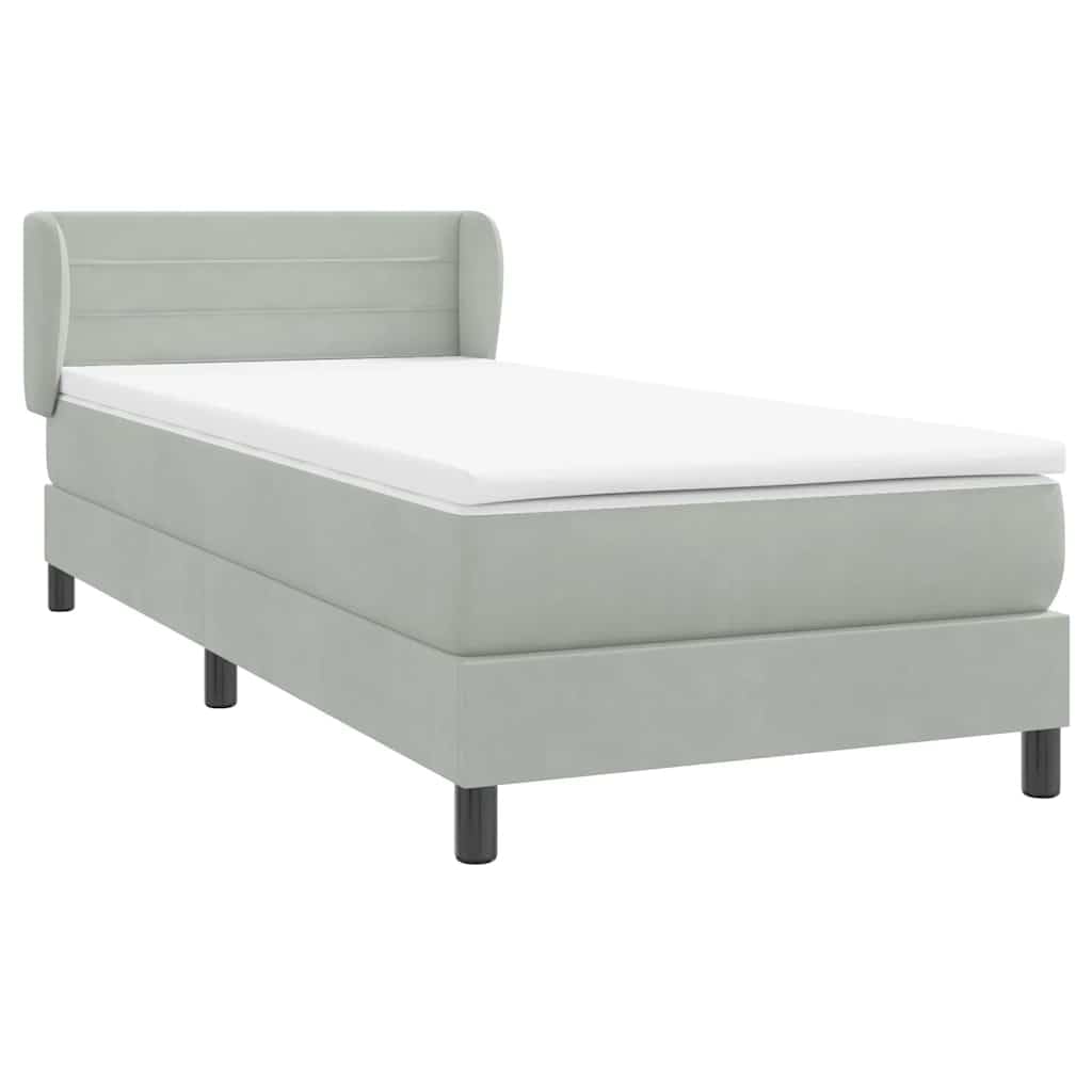 ACAGALA Letto a molle con materasso 80 x 210 cm, letto imbottito in velluto, letto singolo con testiera a strisce orizzontali, telaio del letto con rete a doghe, gamba di supporto rinforzata, grigio
