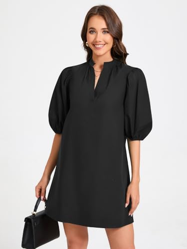 Image of EZAPINE Women Babydoll Mini Dress Summer Casual Cotton V Neck Puff Lantern Sleeve Loose A Line Cute Dress