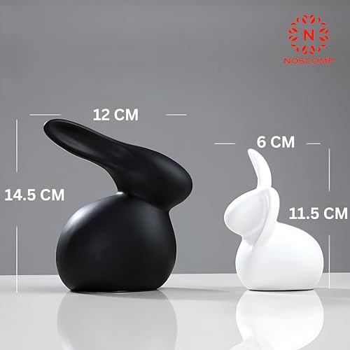 Image of NOSCOMP Modern Sitting Ceramic Rabbit Figurines for Home, Office, and Easter Decor | Set of 2 Minimalist Black and White Bunny Sculptures.