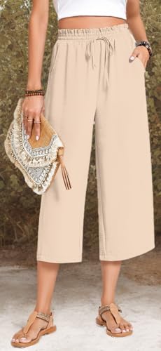 Image of Anyhold Women's Capri Pants Drawstring Casual Palazzo Trousers with Pockets Loose High Waisted Wide Leg Lounge Pants