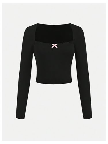 Girl's Bow Long Sleeve Shirt Lace Trim Square Neck Slim Fitted Cute Tee Tops3