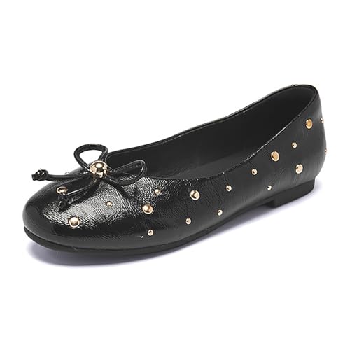 Women's Leather Studded Ballet Ballerina Flats Cute Bowknot Comfortable Round Toe Slip On Dressy Flat Shoes for Wedding Party Daily Work