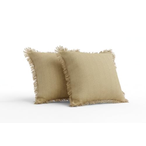 Image of Beige Cushion Covers - 16x16 Inch | Set of 2 | Hand-Woven Fringed Cotton Decorative Covers for Sofa, Living Room & Bedroom Decor | Square Shape Cushion Cases