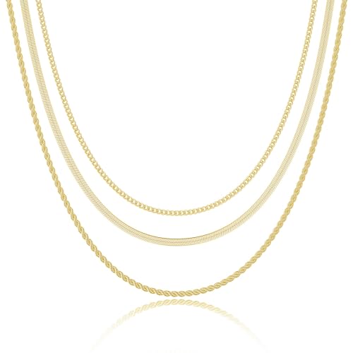 Freekiss Gold Herringbone Necklace for Women: Layered Chain Necklaces Dainty 14k Gold Plated Snake Cuban Rope Choker Necklace Stack Simple Chunky Womens Jewelry Gift