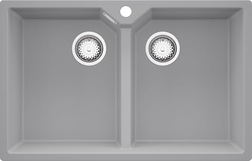 PRIMAGRAN Evier Cuisine en Granit Gris 78x50cm, Lavabo 2 bacs + Kit de Vidage, Évier à Encastrer au Meuble 80cm - Madrid Twin S005