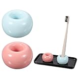 Photo Gallery sourcing map set di portaspazzolino in ceramica con vassoio, organizer da banco per bagno, contenitore per spazzolini da denti, supporto per accessori da bagno, blu/rosa