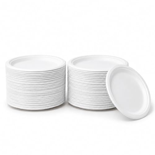 Image of Bonkaso 9 Inch, Pack of 100 Bagasse Disposable Round Plates (White)| Eco-Friendly Sugarcane Paper Plates | Biodegradable, Compostable & Sturdy | Ideal for Snacks, Desserts, Parties, Weddings & Events