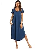 ADOME Damen Nachthemd Kurzarm V-Ausschnitt Sleepshirt Nachthemd High Low Unregelmäßige Baumwolle Lange Nachtwäsche Schlafanzug Kleid mit Taschen
