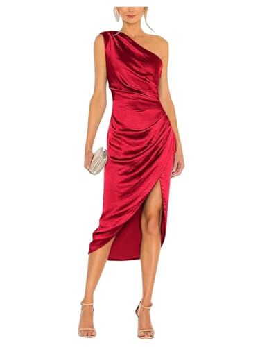 Image of Satin Bridesmaid Dresses for Women One Shoulder Prom Dress Pleated Midi Formal Cocktail Gown Wedding Guest Dress with Slit