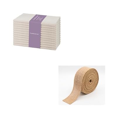 PurpleEssences Solid Cloth Napkins - 18 x 18 Inch - Set of 12 - Jute Burlap Hemmed Edges Ribbon - 1.5 ” Width, 10 Yards - Natural