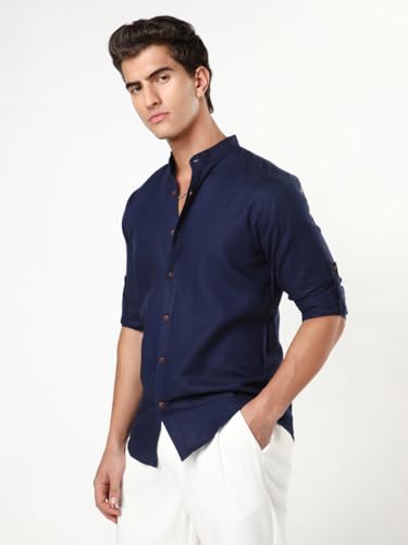 Image of Urbano Fashion Men's Linen Blend Full Sleeve Relaxed Fit Mandarin Collar Casual Solid Shirt