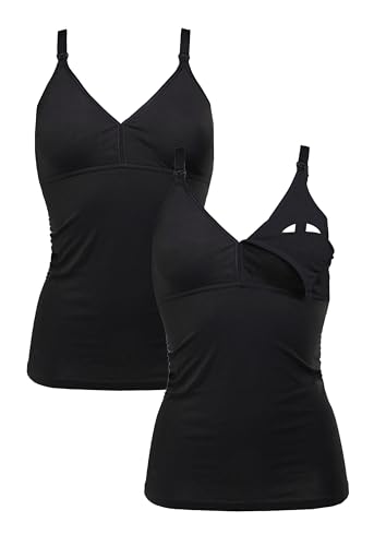 Herzmutter Camiseta Lactancia - Algodón - Top de Lactancia Materna - Ropa Mujeres Lactantes - Bustier Integrado - Set de 1 y 2-5420 (XXL, Negro, 2X)