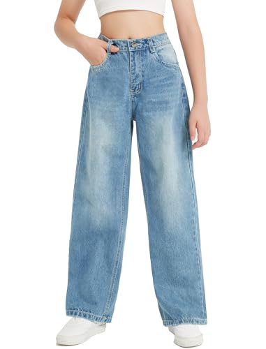 EXARUS Girls Jeans Baggy Wide Leg Cute Teen Denim Pants Junior Mid Rise Elastic Band with Pockets Casual Clothes3